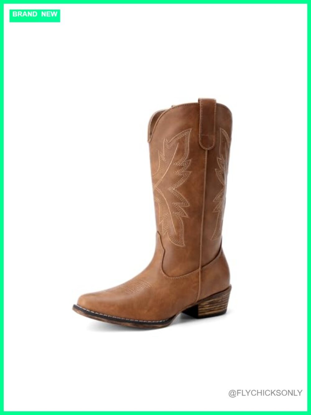 Mid-Calf Western Cowgirl Boots Faux Leather Block Heel Pull On